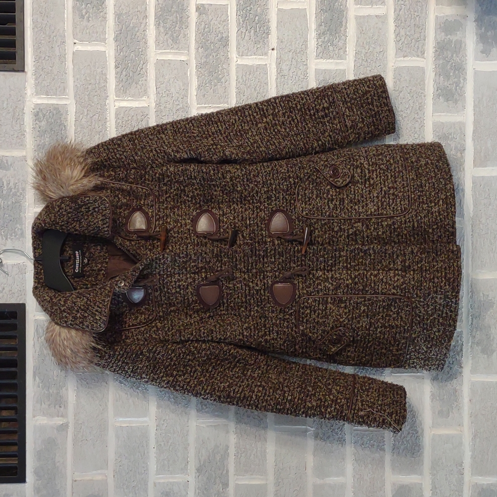 Coffee Shop Women's Brown & Tan Coat with Detachable Faux Fur Hood Size Medium